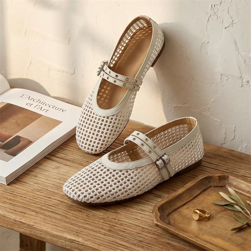 Flat Hollow-out Style Sandals Fishnet Mary Jane Shoes for Women Summer Studded Single Shoes Ballet Shoes for Women 260729BJ