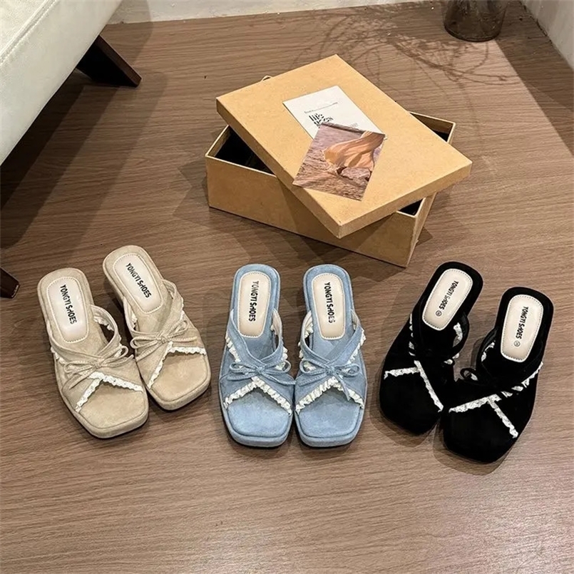 Black Thick Heel Sandals Womens Outdoor Summer Small Size Heightening Skirt Slippers Korean Style Slip-On Shoes PU Material 260729BJ