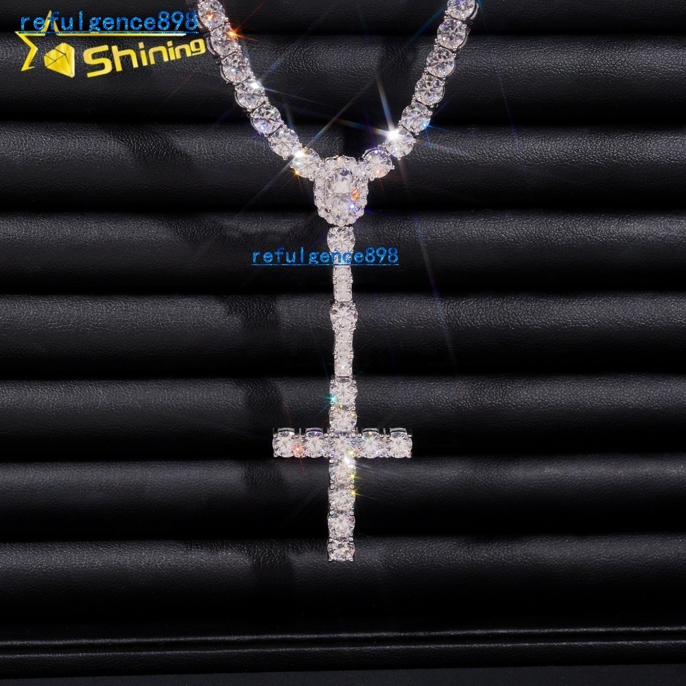 New Arrival Hot Sell Iced Out 5MM Width 925 Sterling Silver VVS Moissanite Rosary Cross Tennis Chain Necklace
