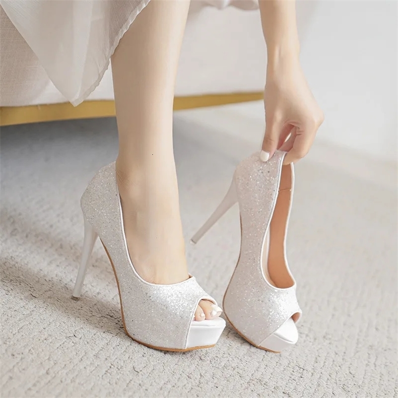 y Womens Fish Mouth High Heels Summer Fine Heels Waterproof Platform Fashion White sequined High Heels Womens Shoes 260527BJ