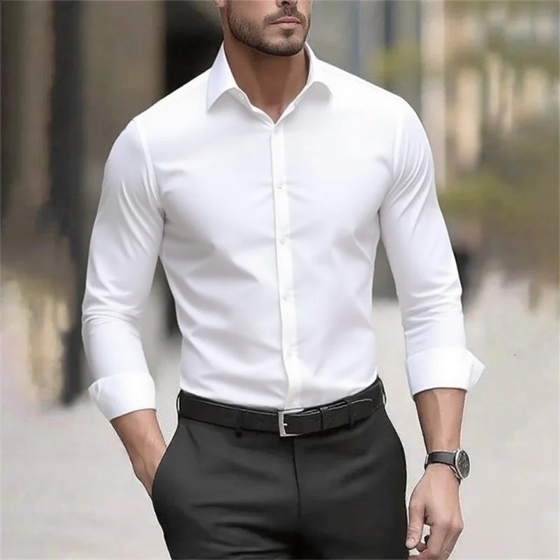 Solid color mens shirt casual white shirt high quality solid color long sleeve stretch fabric business formal shirt XS-6XL 260707BJ