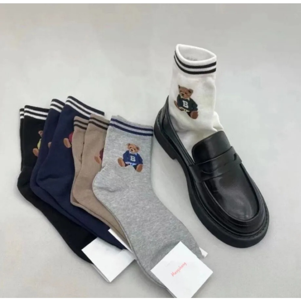 Unisex Designer Bear Cotton Socks 5 Pairs Breathable Casual Socks Fall Winter Fit Eur36-Eur44 Black White Grey