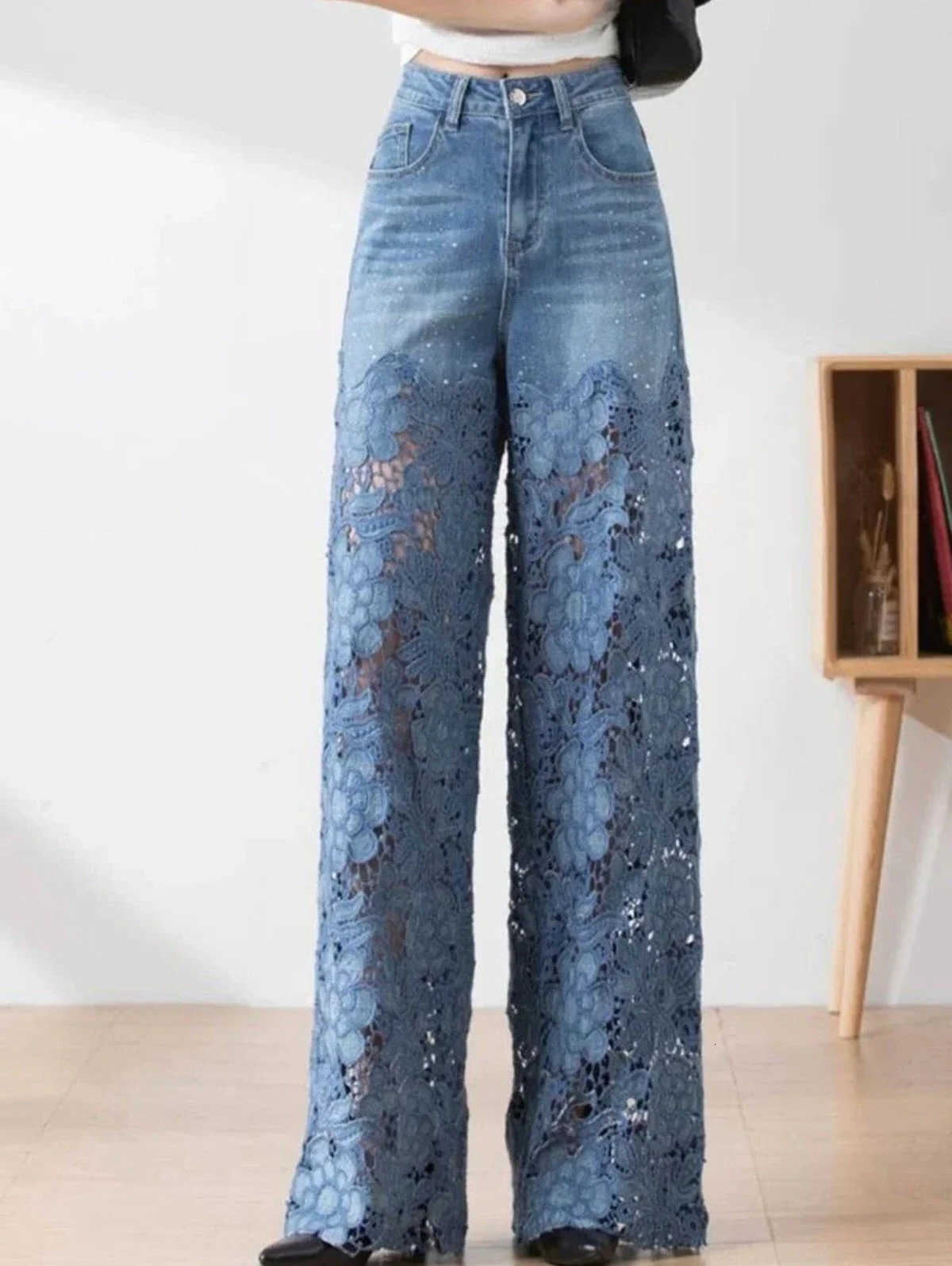 Summer 2025 -Waisted WomenS Jeans Lace Rhinestone Patchwork Hollow Ladies Casual Loose Straight Jeans 250212 S2608035POF