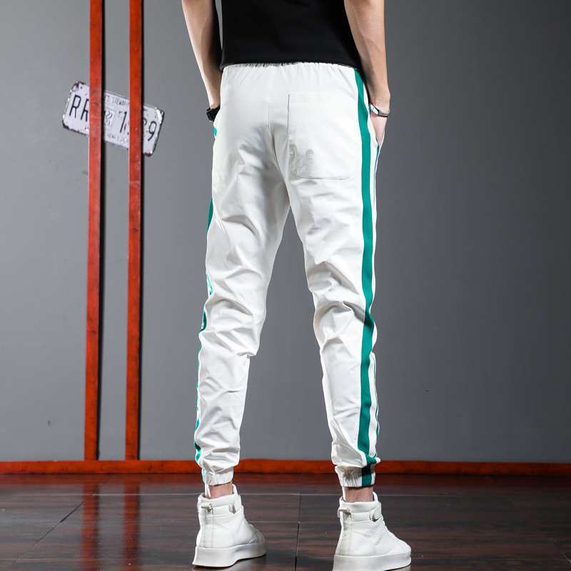 Trendy Ice Silk Jogger Pants Mens Summer Breathable Light Trousers Side Webbing Triangle Badge Drawstring Casual Street Sports Wear