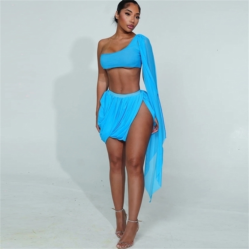Y2K Sexy 2 Piece Set Women See Through Midnight Irregular Full Sleeve Crop TopsRuched Split Skirts Matching Clubwear 260702BJ