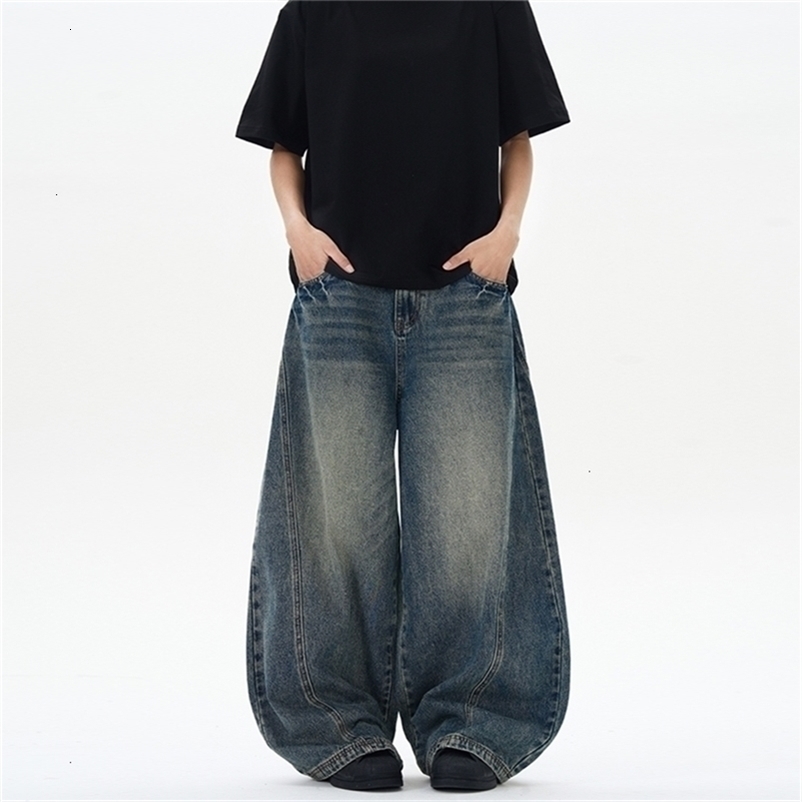 Spring Mens Jeans Oversized Wide Leg Pants Patchwork Lightning Cracked Denim Trousers Streetwear Male 260707BJ