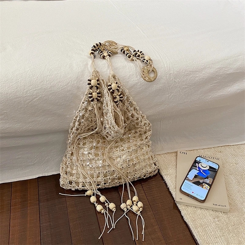 Sparkling Sequins Hollow Out Knitting Shoulder Crossbody Bag Exquisite Large Capacity Beads Tassel Tote Bag for Women 260522BJ