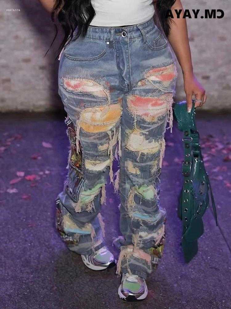 Jeans Women's CM. Strt Denim Pants Women Hole Patchwork Waist Zipper Ripped Trousers Skinny S260803UKO4