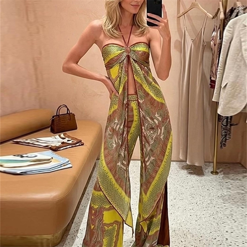 Casual Womens Printed Halter Dress Pants Set Sleeveless Backless Slit Irregular Dresses Wide Leg Pant Beach Vacation Suit 260702BJ