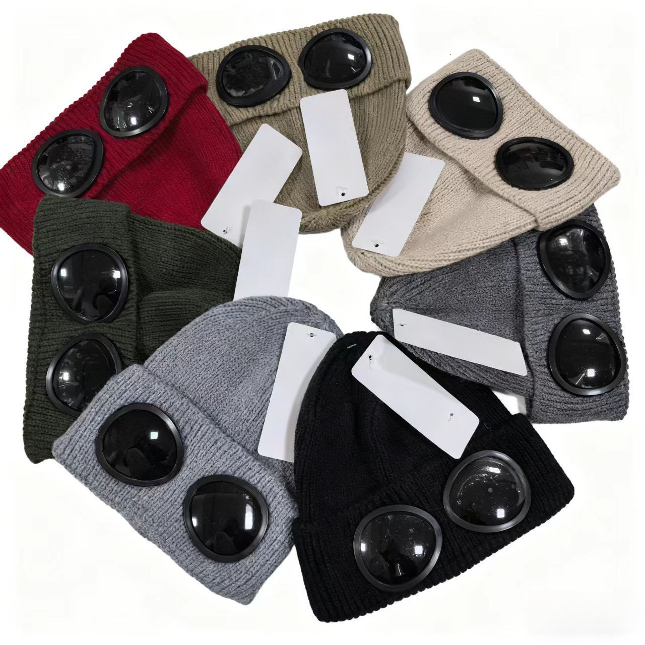 Luxury CP style pilot goggle double lens rib knit beanie thick wool blend solid multi color rib cuff unisex winter skull cap for daily commuting hol