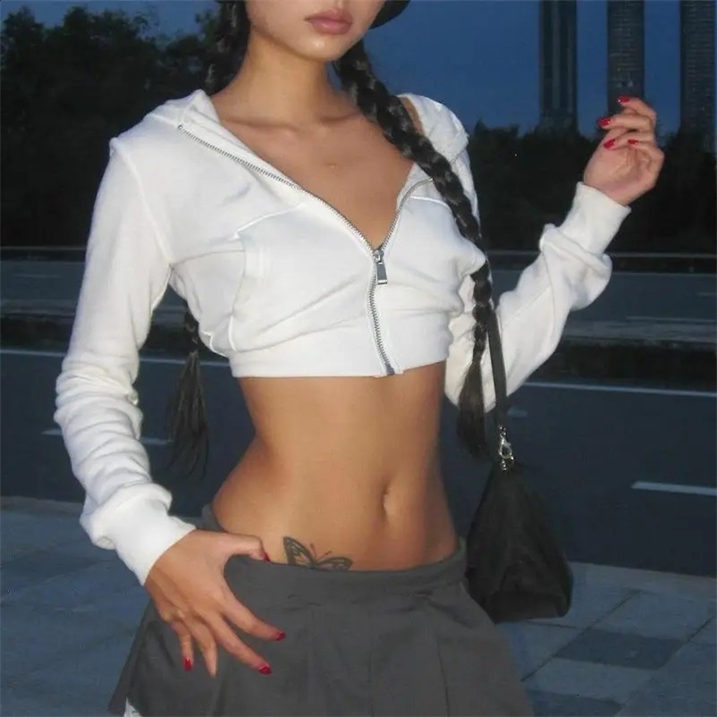 Y2K Cropped Hoodie Zip Up Womens Short Casual Jacket 2000s Streetwear Long Sleeve Outerwear Spring Autumn Women Clothing 260801BJ