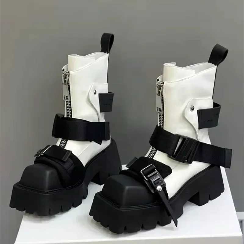 Botines de Cuero Para Mujer, Botas con diseño de correa y cinturón con cremallera, Botas de motocicleta con plataforma antideslizante y parte inferi