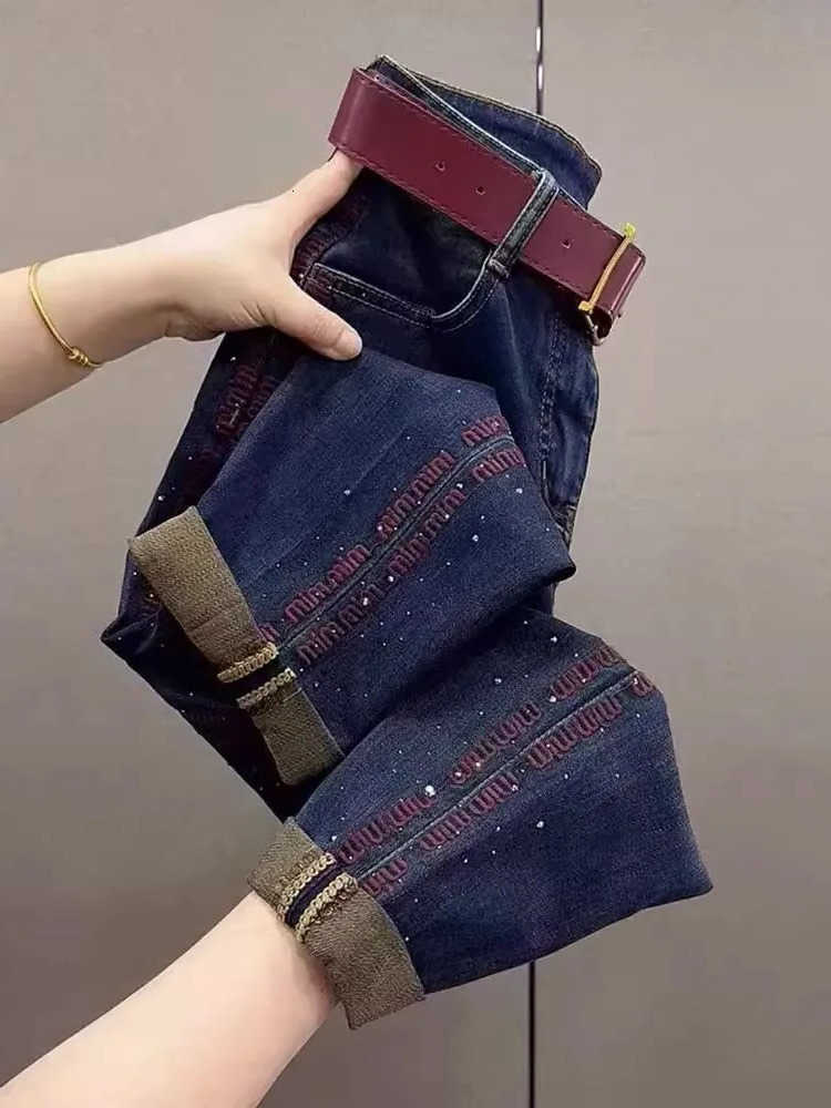 Harlan Denim Pants 2025 Rhinestone Embroidered Trousers Spring Autumn All-Match Plus Size Loose Jeans Women 250212 S260803XGJX