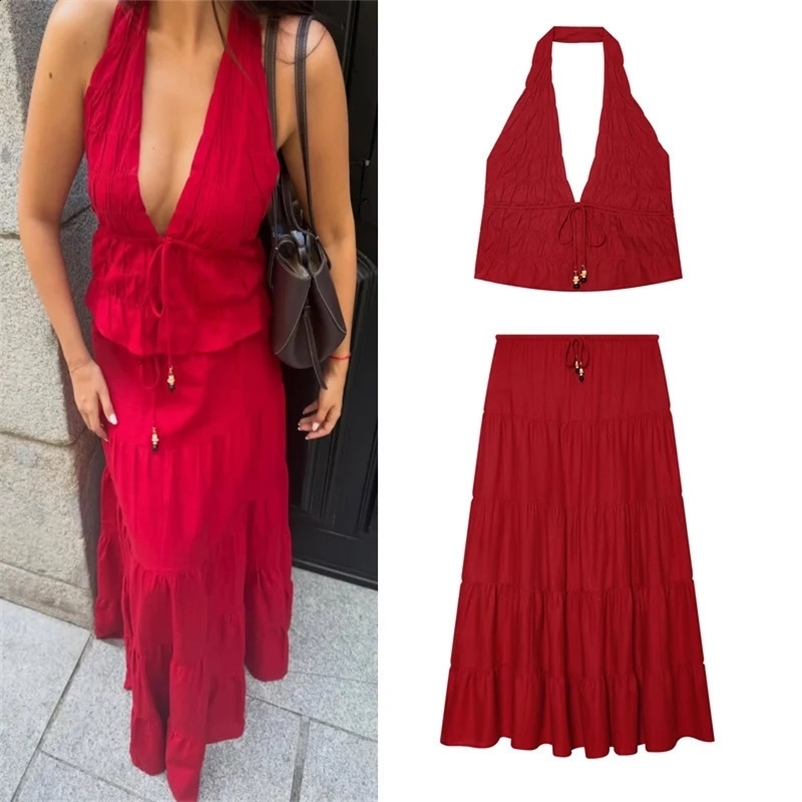 Womens Halter Top Tiered Skirt Set - Solid Color Pleated n Summer Boho Style 260702BJ