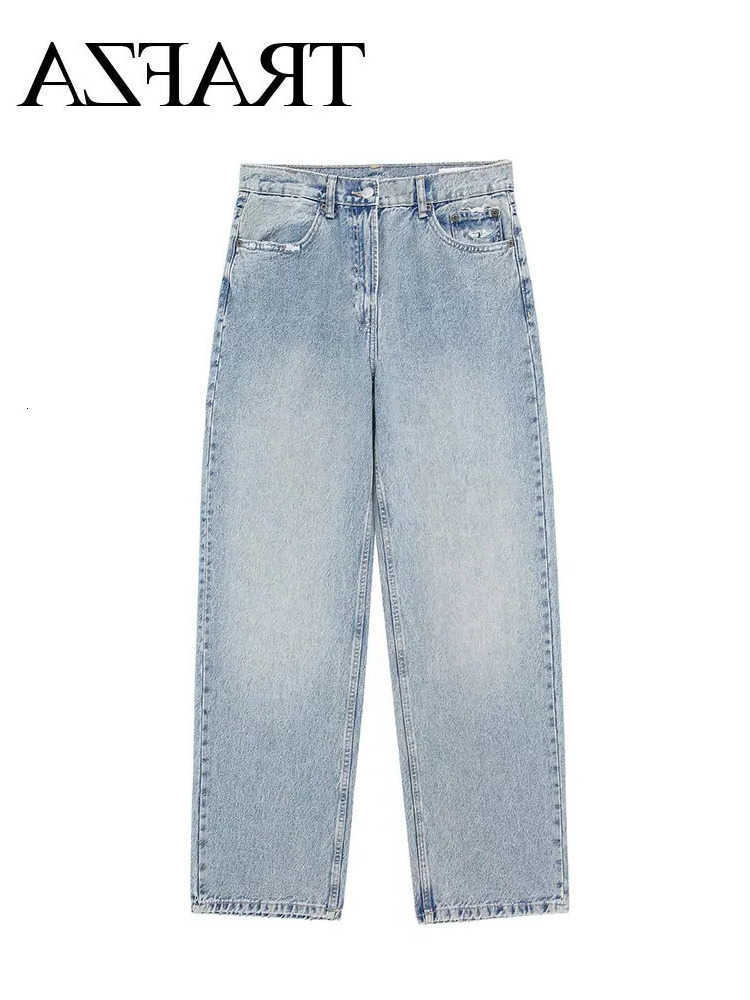 Summer Womens Casual Denim Blue Strt Trousers Chic Waisted Hole Decoration Womens Loose Pocket Jeans 240603 S260803E4UB