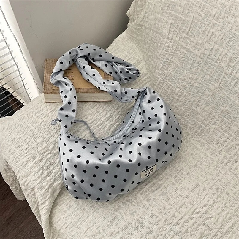 Nylon Shoulder Bag Black and White Polka Dot Pattern Pleated Lace Drawstring n Stylish and Versatile Crossbody Bag 260420BJ