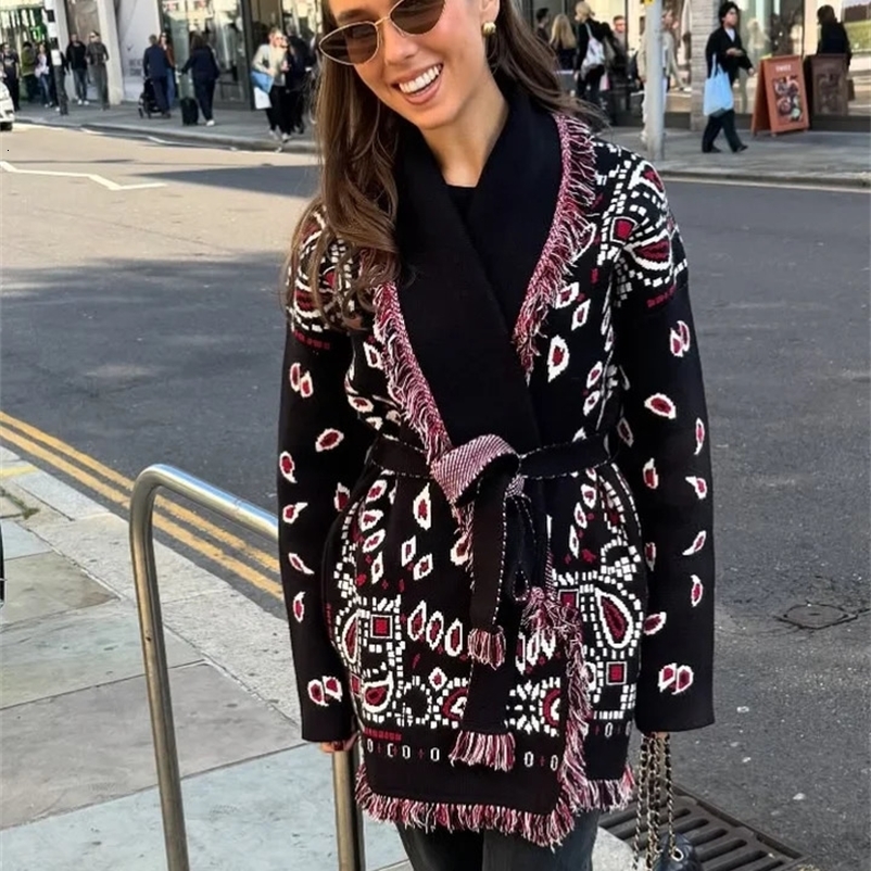 Elegant Knit Jacquard Tassel Belt Cardigan Women Lace Up Lapel Long Sleeve Warm Sweater Autumn Winter Lady Knitwears 260801BJ