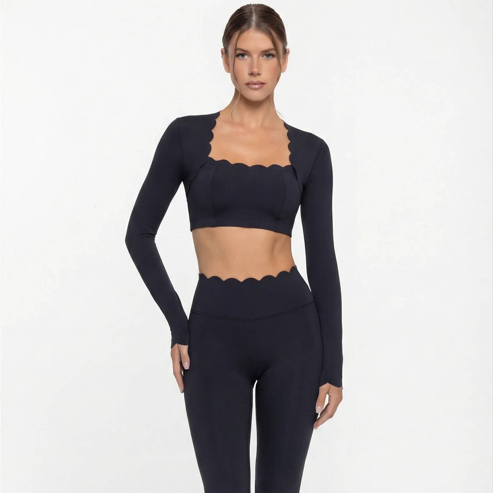 Black Square Neck Tight High Elastic Skinny Yoga Sports Long Sleeves Fashion Compression Pants Fitness Leggings Workout Tights 26L0803