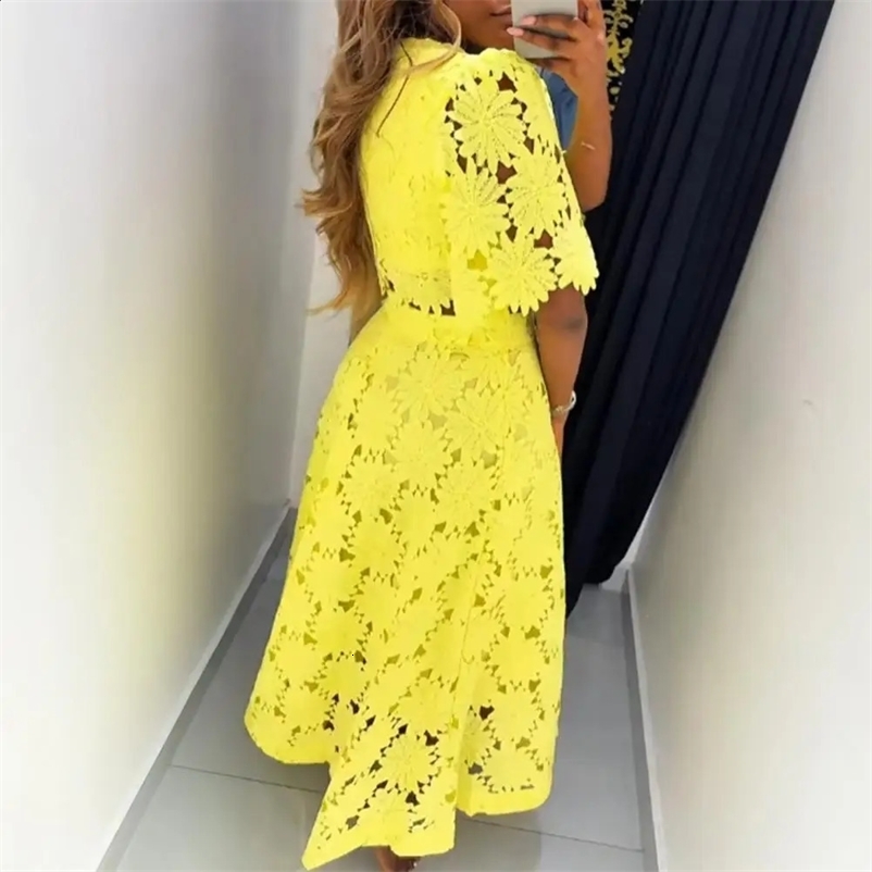 Elegant Hollow Out Womens Long Dresses Short Sleeves Embroidery Dress Spring Summer Female Solid Robe 260702BJ