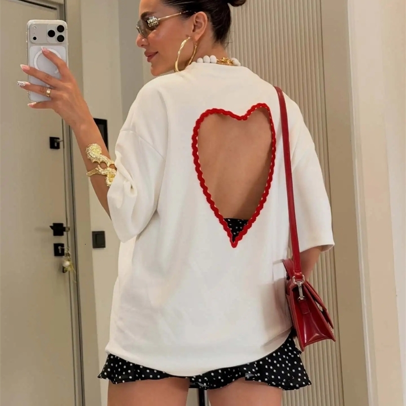 Heart-shaped Hollow Out Loose Summer Tops Women Casual O-neck Short Sleeve Backless White T-shirts Female High Street Tops 260731BJ