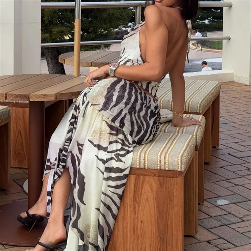 Halter Low Cut Camisole Top Long Skirt Summer Outfit Casual Striped Printed Beach Womens Set Chiffon Sleeveless Holiday Suits 260702BJ