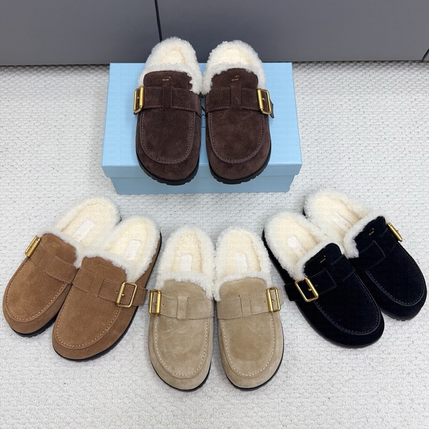 Suede Shearling Mule Fur Flat Comfort Clog Furry Slides Loafers Slipper Women Designer Sandals Platform Booties Mules Winter fluffy shearg wool colg