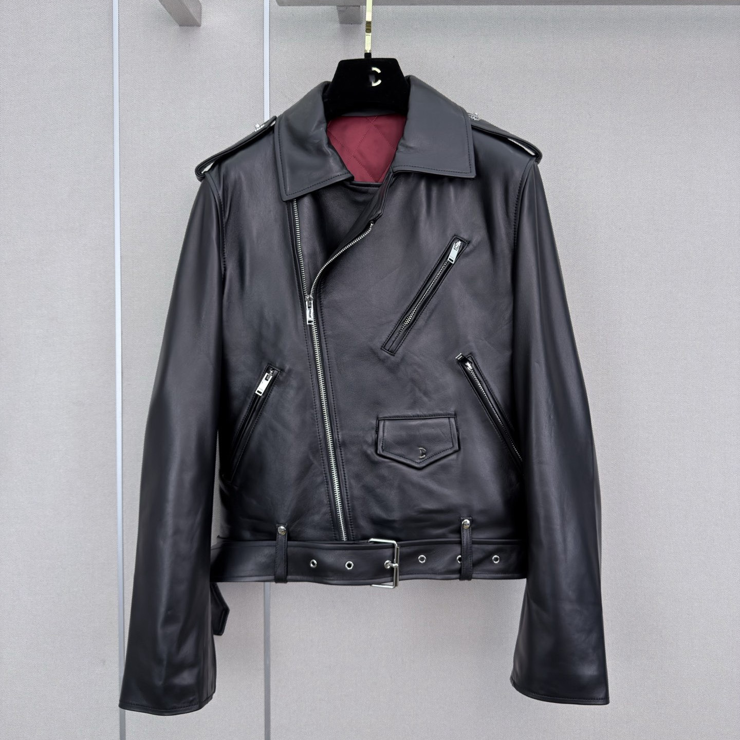 Classic Biker Leather Jacket Women Asymmetrical Zip Belted Moto Coat Red Lining Vintage Streetwear Outerwear Wholesale Vendor