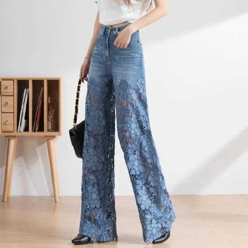 Pants Women's Spring Elegant Women Jeans Waist Lace Patchwork Ladies Pantnes Casual Hollow Out Female S260803RRNI