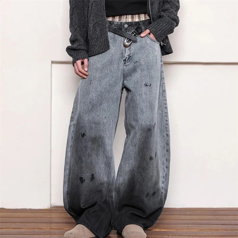 Autumn Korean Retro Splashed Ink Graffiti Denim Curved Knife Pants Baggy Jeans Y2k Fashion Women Pants Casual Straight Leg Pant 260707BJ