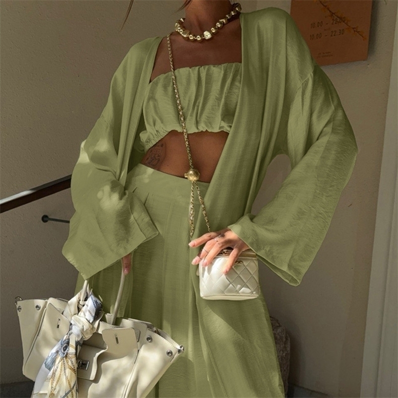 Sexy Strapless Top and Pants Womens Three Piece Set Fashion Holiday Loose Fit Suits Casual Long Sleeved Shawl Outfit 260731BJ