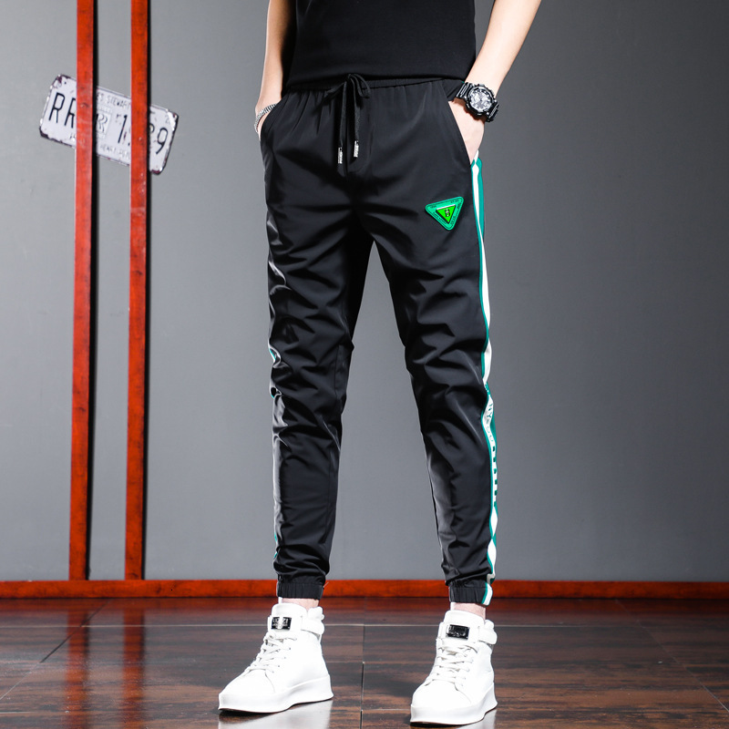 Mens Cool Ice Silk Casual Trousers Summer Light Weight Sweat Resistant Fabric Elastic Waist With Drawstring Accent Green White Striped Trim Along Le