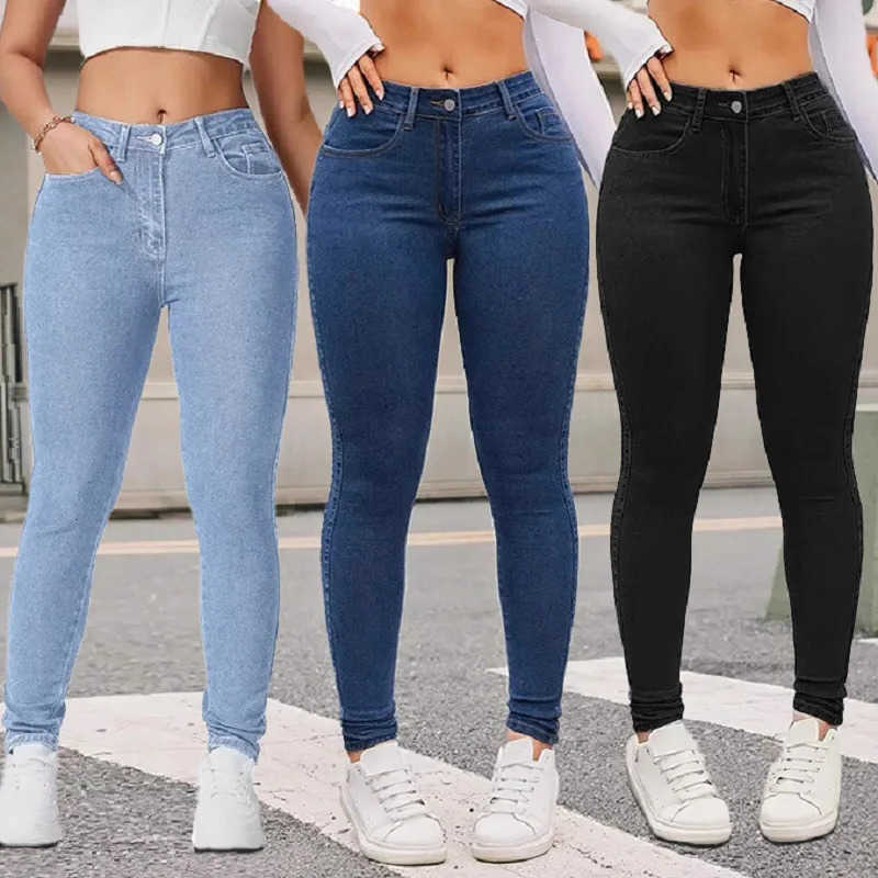 Waist Women Stretch Denim Jeans Lifting Skinny Pencil Pants Ladies Full Length Slim Solid Color Trousers S260803MZ3B