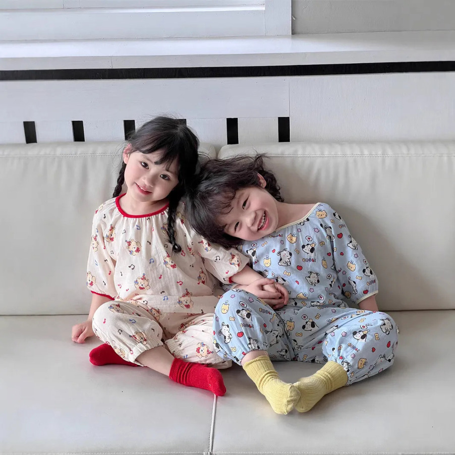 Girls Pajama Set Pajamas Spring Children Cotton Double Gauze toddler night suit Soft Sets Boys Girls Cartoon Long Sleeve Tops And Pants Homewear 230
