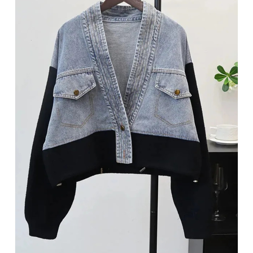 Fashion Short Spliced Denim Knitted Double-Sided Cardigan For Designer Fashion Women New Loose Elegant Sweater t Female Trendy L26923