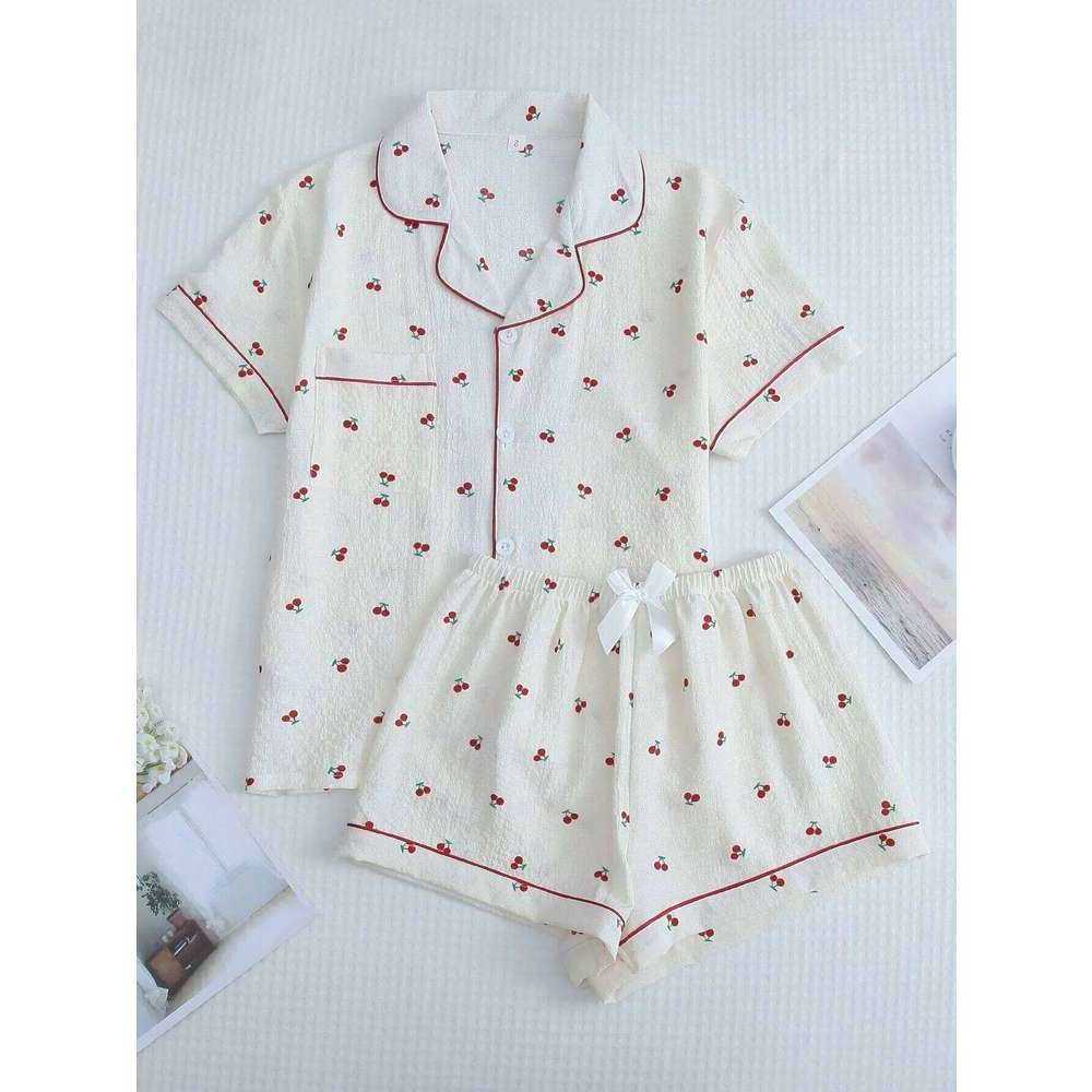 Elegant Pajamas Cherry Print Pajama Set Swt Cute Lapel Button Up Top and Bow Shorts Women Summer Slpwear u Loungew SCDTS260922L7H9