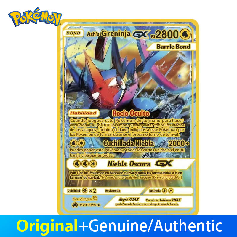 Ash's Greninja GX Bond Carte Pokémon en métal doré, carte à collectionner, réplique premium pour affichage de collection, cadeau pour les amateur