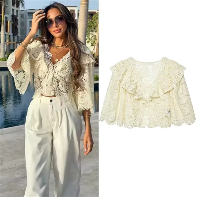 Womens Jacket Summer Style Light Yellow Short Sleeve Ruffle Lace Decor Sexy See-Through Cropped Top Jacket Fashionable 260707BJ