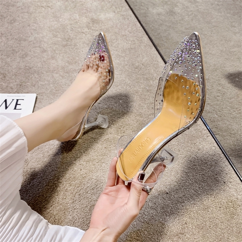 Plus Size Womens See-Through High Heel Sandals Open-Toe Crystal Strappy Stiletto Dress Shoes 260423BJ