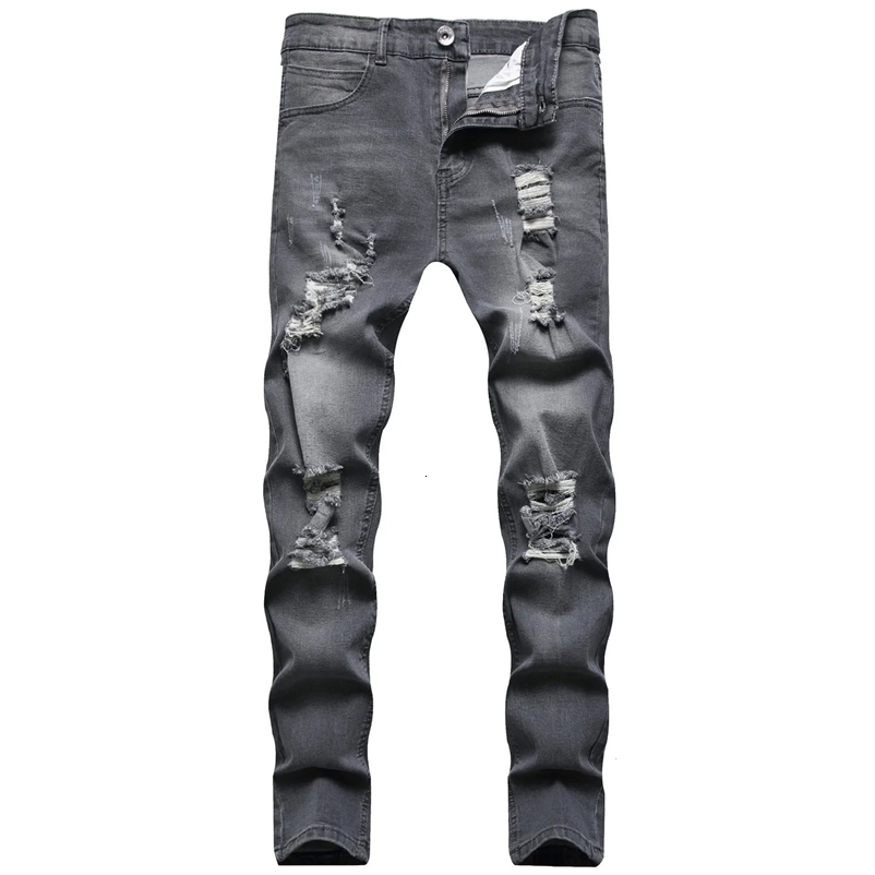 Jeans Men Hole Distressed Pencil Pants Slim Fit Vintage Zipper Fly Pockets Solid Colour Washed Denims Ankle Length Trousers 260707BJ