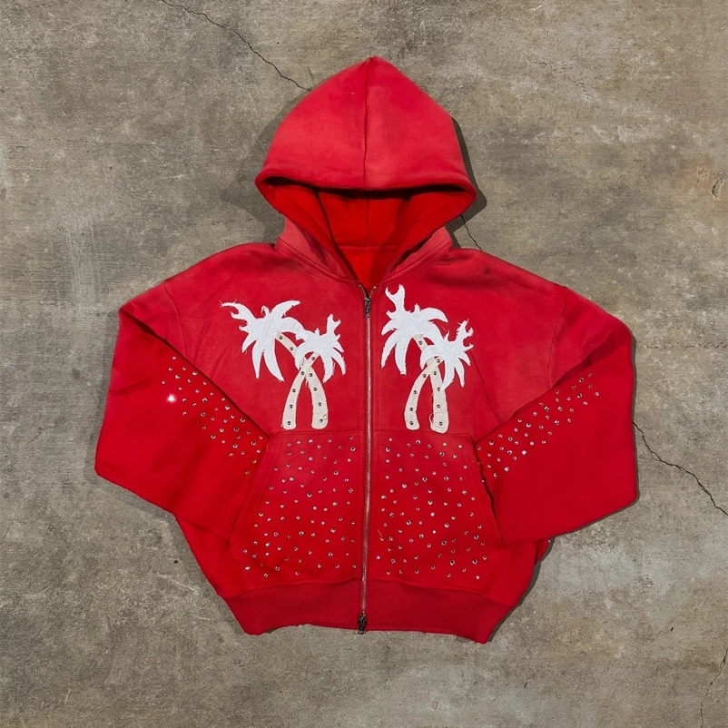 America Harajuku Palm Tree Letter Embroidery Loose Hoodie Y2k Hip Hop Fashion Sequin Splice Women Sweatshirt Street Men Clothing 260731BJ