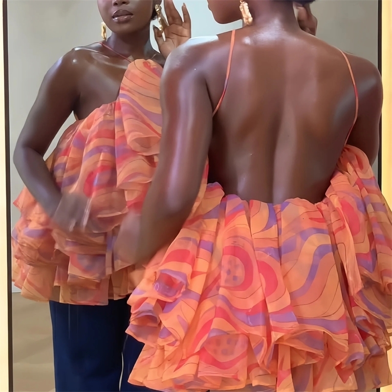 Swirl Print Spaghetti Strap Backless Crop Top Multi-Layer Ruffle Organza Flowy Women Elegant Puff Tiered Summer Camisole Top 260729BJ