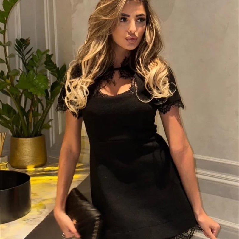 Elegant Hollow Out Short Dress For Women Lace Patchwork Stand Collar Short Sleeve High Waist Female Party Dress Summer 260709BJ