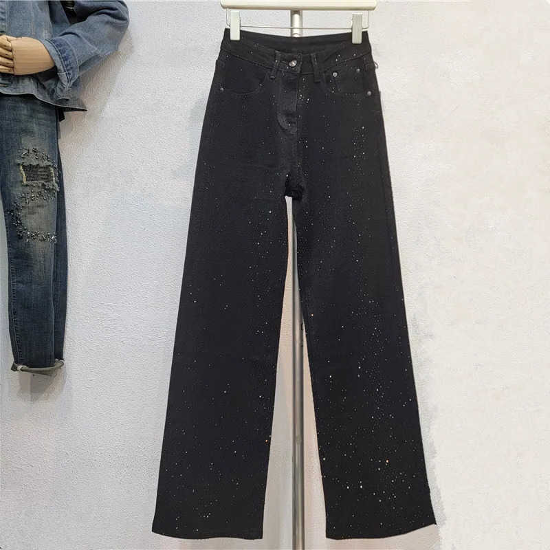 Summer 2025 Womens Jeans Waist Single Sided Full Rhinestone Black Straight Wide Leg Denim Pants S2608031OJB