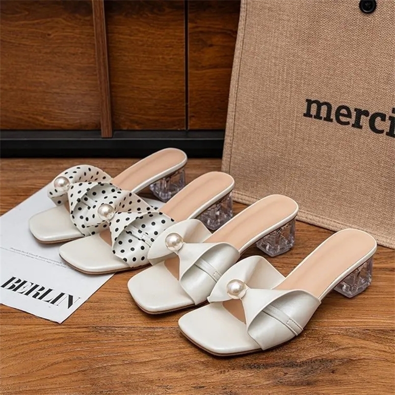 Sexy French-style High Heels Square-toe Chinese Style Pearl Sandals for Women Summer Thick Heels 260729BJ