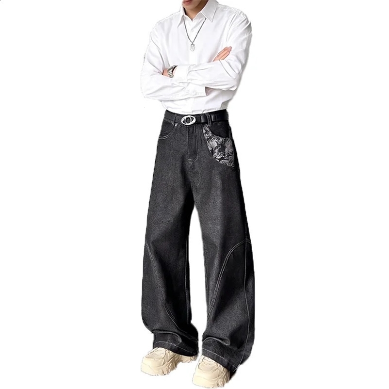 Korean Spring/Summer Fashion Retro MenS Jeans High Street Loose Wide Leg Pants Jacquard Splicing Flared Pants Casual Pants 260707BJ