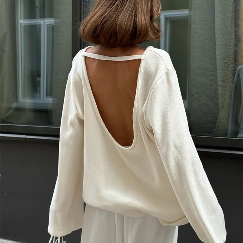 Mingmingxi Womens Oversized Backless Sweater Pullovers Round Neck Loose Knitted Sweater Solid Color Casual Knit Pullover 260801BJ