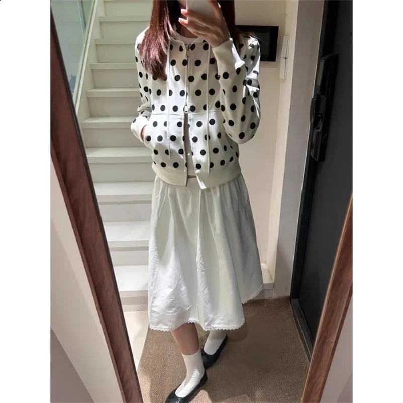 Korean Polka Dot Hooded Zipper Cardigan Sweater Jacket Womens Spring Thin Casual Top 260707BJ