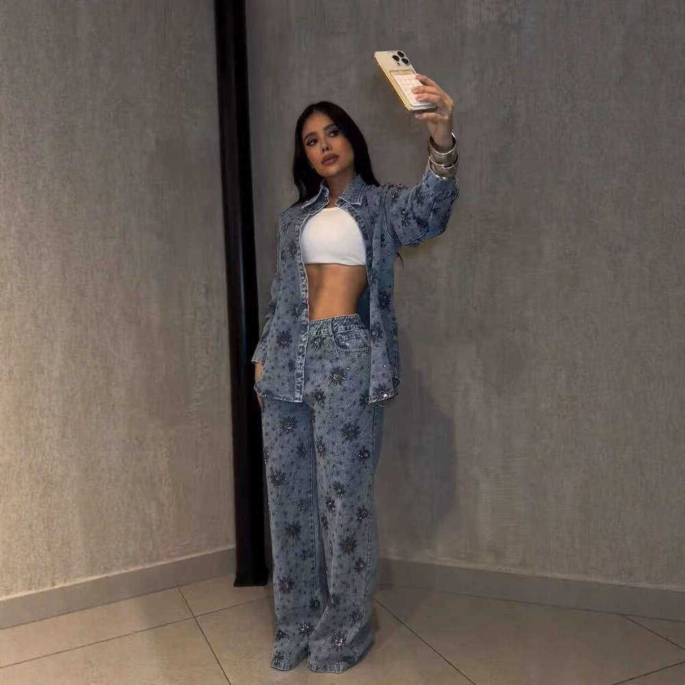 Autumn 2026 Women's Straight Jeans Casual Pants Heavy Duty Beaded Flower Sequin Denim Trousers S26080398LV
