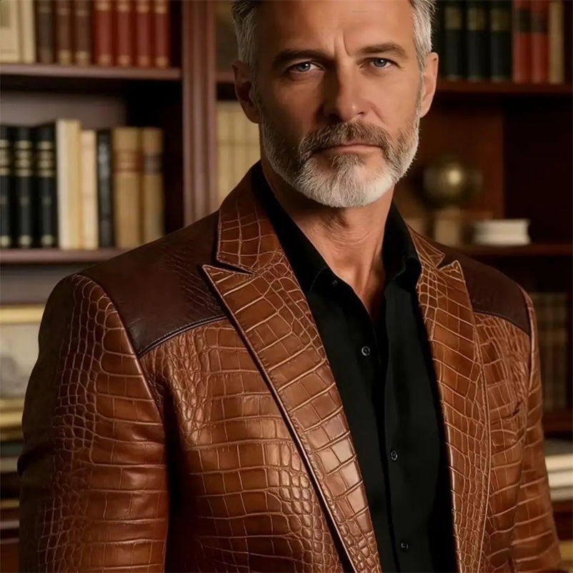 Mens Blazer Crocodile Embossed Leather Suit Jacket Shoulder Patch Notch Lapel Two Button Sport Coat Business Casual Flap Pocket 260707BJ