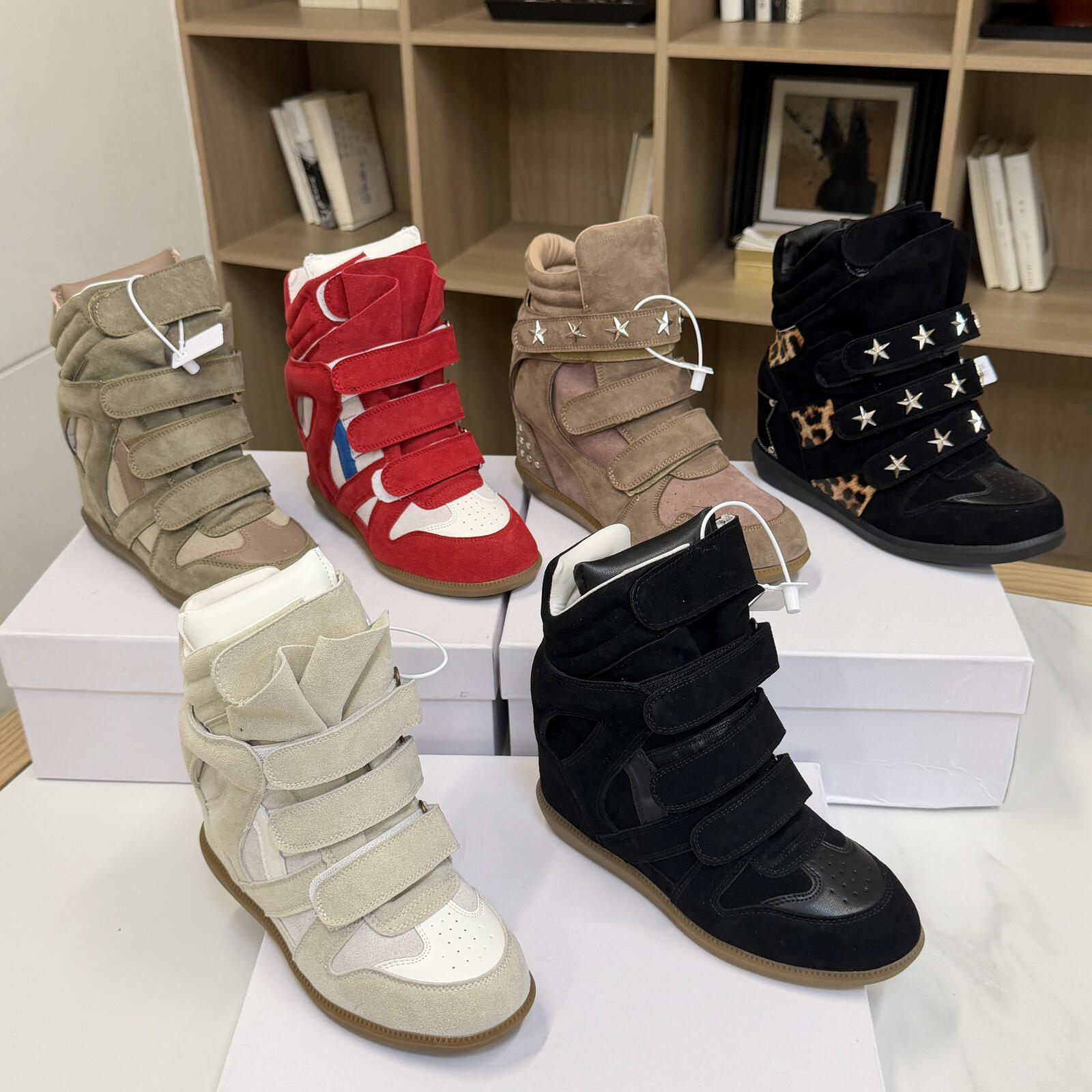 High Quality bekett Designer Hot Sale-Black Genuine Leather Leather-trimmed Suede Wedge Sneakers Fashion Show Paris New Shoes Boots Unisex Style Siz